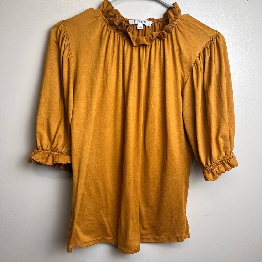 Story On Mustard Yellow Ruffle Peasant Style Blouse Size L (20” ptp) EUC